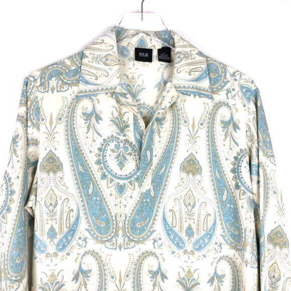 Silk Icon Blouse Women's S Cream Blue Paisley Print 100% Silk Tunic Shirt - Picture 12 of 12
